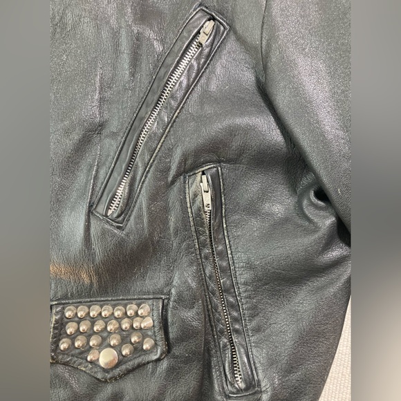 Black Leather Motorcycle Jacket Studded Vintage Brushfire Brand - Picture 10 of 15